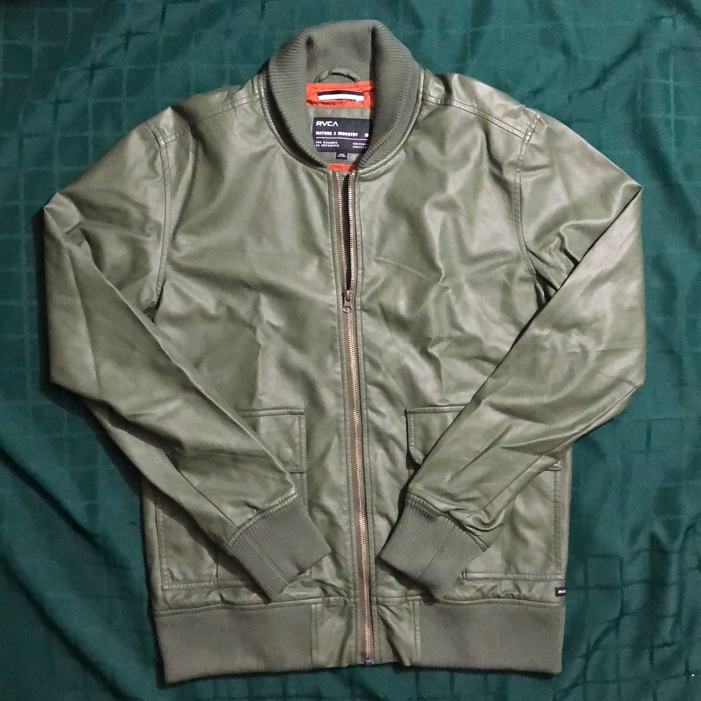 RVCA Men’s Leather Bomber Jacket Military Style